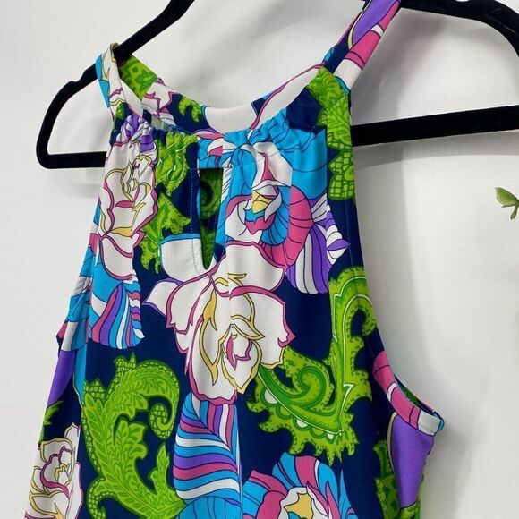 Jude  Connally Women’s Lisa Dress Floral Blue Multi Key Hole Halter Shift Stretc - Picture 5 of 12